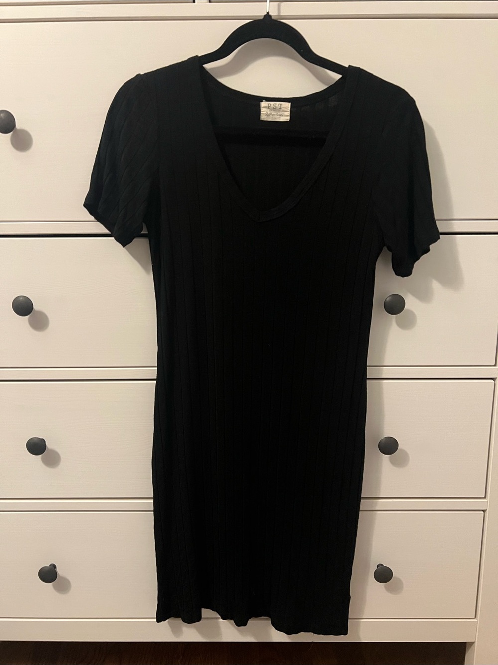 Ribbed V-Neck Mini Dress - Black